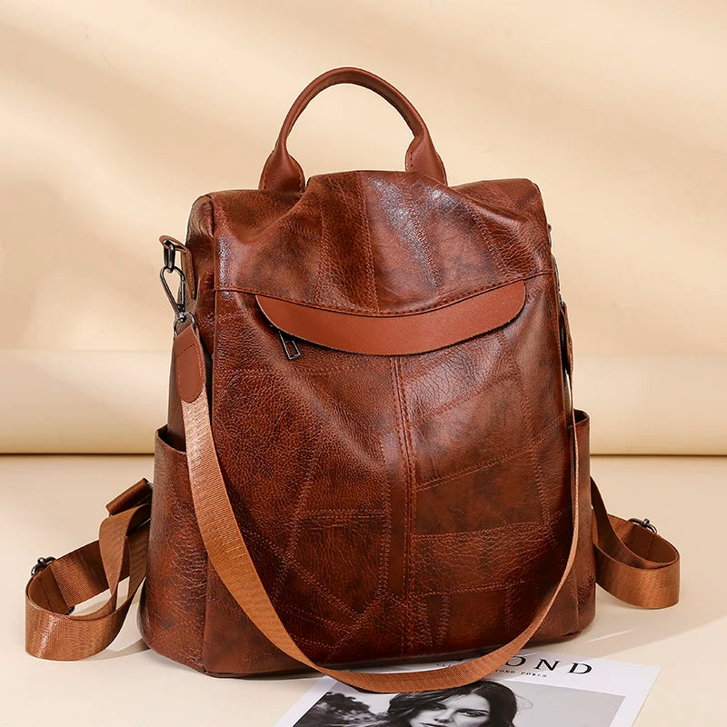Anti-Theft Leather Backpack for Women Travel Rucksack