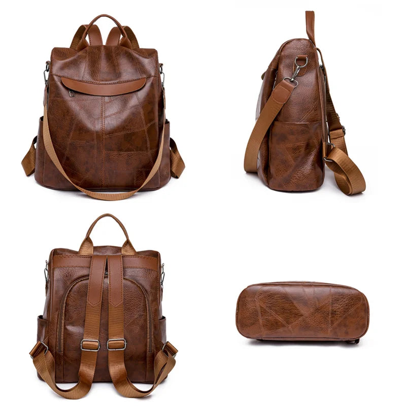 Anti-Theft Leather Backpack for Women Travel Rucksack