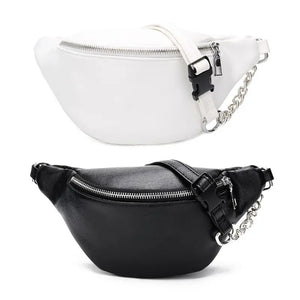 Leather Waist Fanny Pack Chest Bag with Metal Chain