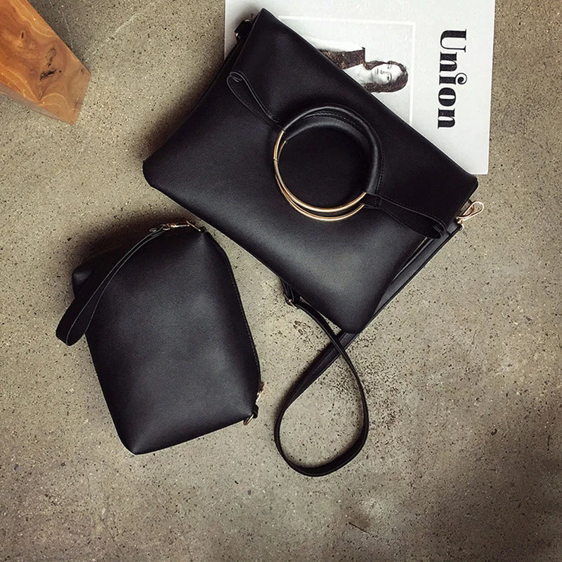 Leather Women Handbag Set Metal Handle Tote Shoulder Crossbody Messenger Clutch