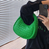 Green Leather Woven Shoulder Bag Soft Lady Handbag