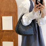 Green Leather Woven Shoulder Bag Soft Lady Handbag