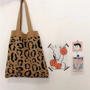 Leopard Knitted Shoulder Bag Large Capcaity Tote Girls Armpit Handbag Purse
