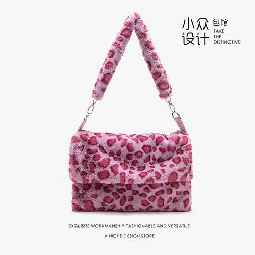Leopard Print Crossbody Bag Soft Shoulder Messenger Fluffy Handbag