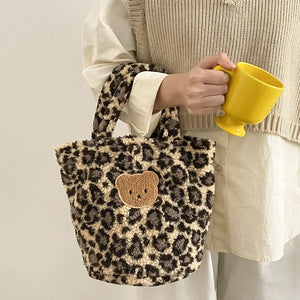 Leopard Print Women Plush Handbag Bear Brown Tote Bag