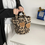 Leopard Print Women Plush Handbag Bear Brown Tote Bag