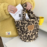 Leopard Print Women Plush Handbag Bear Brown Tote Bag