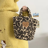 Leopard Print Women Plush Handbag Bear Brown Tote Bag