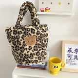 Leopard Print Women Plush Handbag Bear Brown Tote Bag