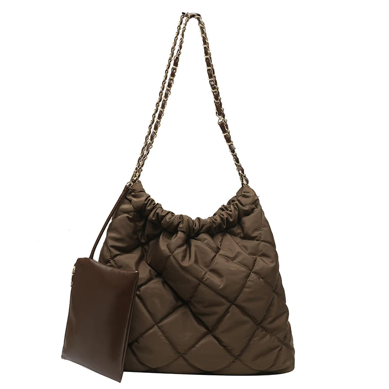 Lingge Chains Large Capacity Tote Bag Quilted Nylon Down Cotton Crossbody Bag