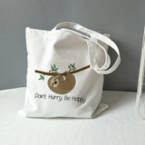 Sloth Print Canvas Tote Bag - Don't Hurry Be Happy