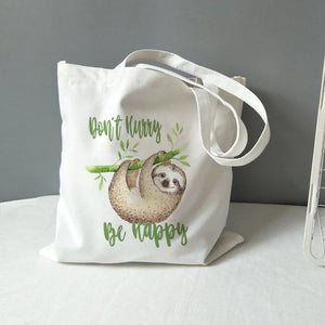 Sloth Print Canvas Tote Bag - Don't Hurry Be Happy