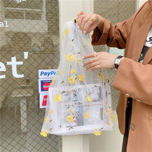 Women Small Flower Daisy Embroidery Handbag Organza Tote Lace Shoppi