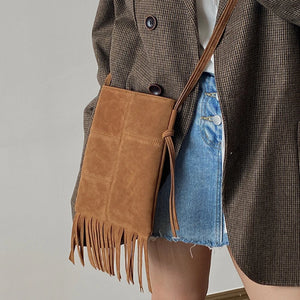 Matte Leather Women's Tassel Shoulder Bag Retro Purse Crossbody Bags