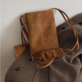 Matte Leather Women's Tassel Shoulder Bag Retro Purse Crossbody Bags