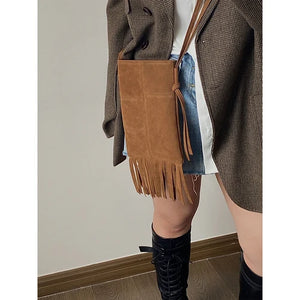 Matte Leather Women's Tassel Shoulder Bag Retro Purse Crossbody Bags