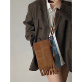 Matte Leather Women's Tassel Shoulder Bag Retro Purse Crossbody Bags