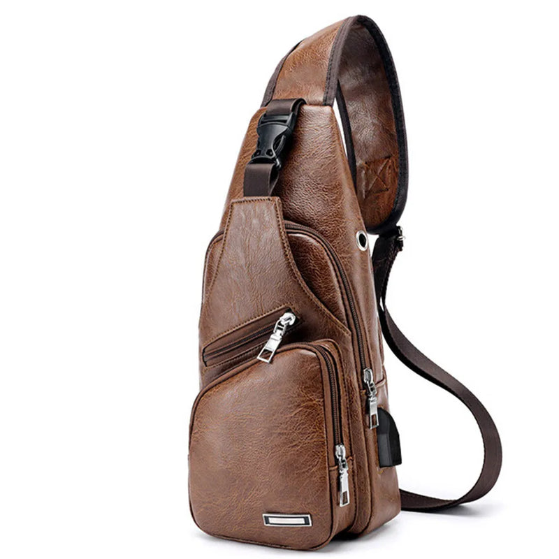 Men's Leather Sling Pack Chest Shoulder Crossbody Bag Biker Satchel