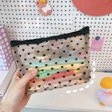 Transparent Heart Printed Mesh Makeup Bag Zipper Pouch