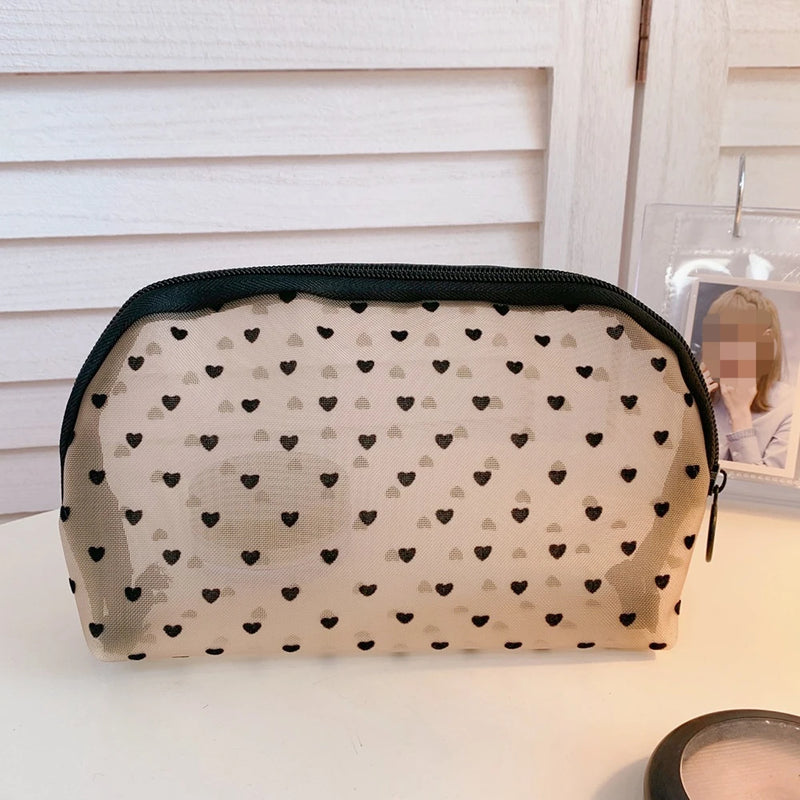 Transparent Heart Printed Mesh Makeup Bag Zipper Pouch
