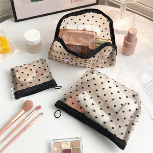 Transparent Heart Printed Mesh Makeup Bag Zipper Pouch
