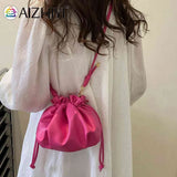 Y2K Style Messenger Bag Leather Drawstring Sweet Girls Purse Hand Bags