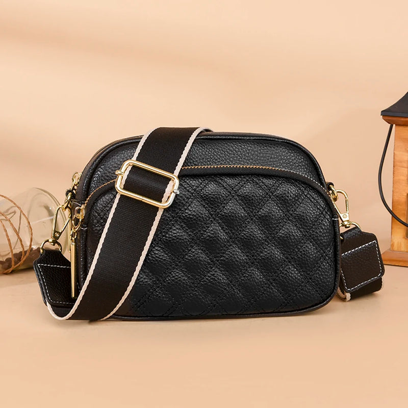Cowhide Leather Messenger Handbag Multi-layer Pocket Camera Shoulder Bag