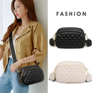 Cowhide Leather Messenger Handbag Wide Strap Rhombus Pattern Solid Satchel