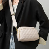Cowhide Leather Messenger Handbag Wide Strap Rhombus Pattern Solid Satchel