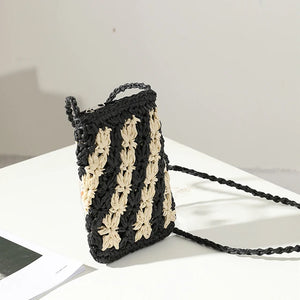 Mini Straw Woven Shoulder Bags Women Flower Stitching Mobile Phone Bag