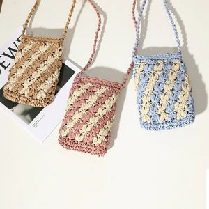 Mini Straw Woven Shoulder Bags Women Flower Stitching Mobile Phone Bag