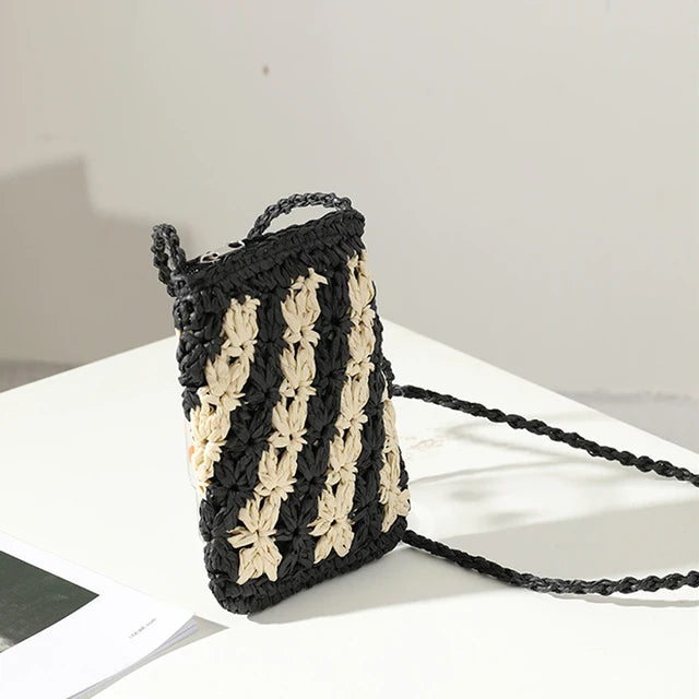 Mini Straw Woven Shoulder Bags Women Flower Stitching Mobile Phone Bag