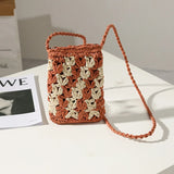 Mini Straw Woven Shoulder Bags Women Flower Stitching Mobile Phone Bag