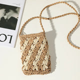 Mini Straw Woven Shoulder Bags Women Flower Stitching Mobile Phone Bag