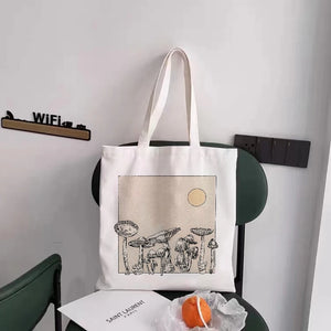 Mushroom Print Canvas Shoulder Bag Women Handbag