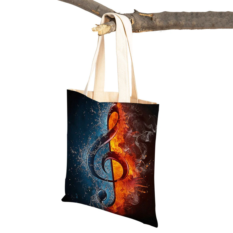 Music Note Tote Handbag Guitar Microphone Violin Reusable Canvas Shopping Bag