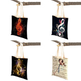 Music Note Tote Handbag Guitar Microphone Violin Reusable Canvas Shopping Bag