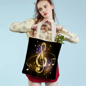Music Note Tote Handbag Guitar Microphone Violin Reusable Canvas Shopping Bag