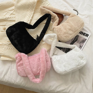 Vintage Plush Fluffy Shoulder Bag Solid Portable Square Purse