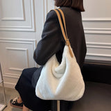 Women Plush Double Strap Handbag Soft Fur Fabric Large Capacity Shopping Bags