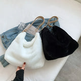 Women Plush Double Strap Handbag Soft Fur Fabric Large Capacity Shopping Bags