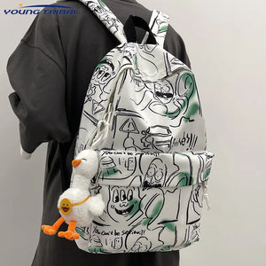 Nylon Backpack High Capacity School Bag Autumn Graffiti Shoulder Bag