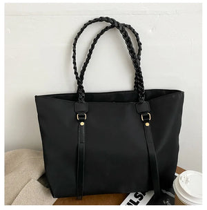Large Capacity Women's Nylon Shoulder Bag with Braided Strap