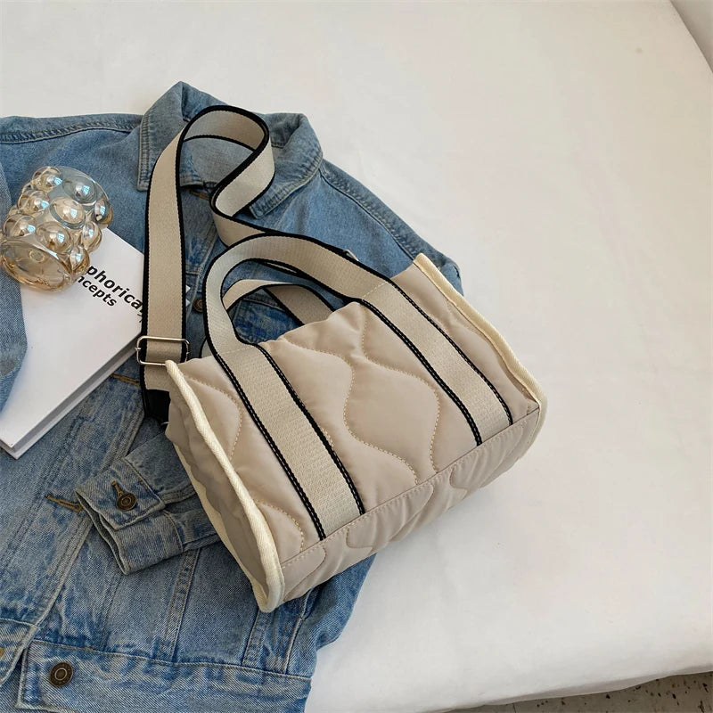 Quilted Nylon Women Handbags Padded Shoulder Bag Wide Strap Crossbody Tote
