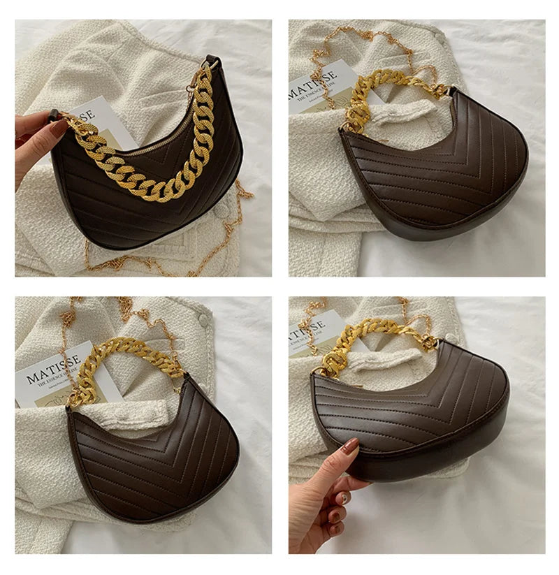 Vintage PU Leather Crossbody Bag with Chains for Women