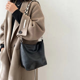 PU Leather Bucket Bag Solid Messenger Bag Plaid Pattern Strap Crossbody Totes