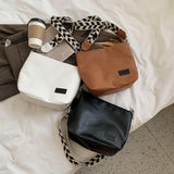 Shoulder Bucket Bag with Plaid Pattern Strap