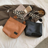 Shoulder Bucket Bag with Plaid Pattern Strap