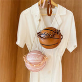 Basketball Chain Women Round Handbags PU Leather Shoulder Messenger Bag