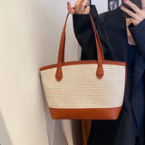 PU Leather Splice Linen Woven Shoulder Bags For Women Large Capacity Casual Tote